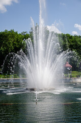 A pond with working fountains, surrounded by a monument of trees and lawn
