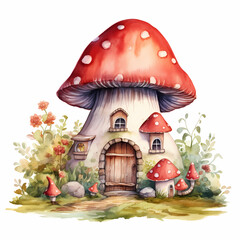Toadstool mushroom house, watercolor illustration, cartoon childish style.