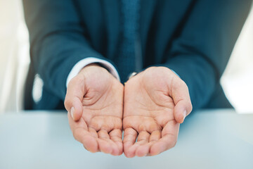Hands, poverty and a business man begging in his office for unemployment or job loss in a financial...