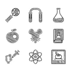 Set Experimental mouse, Atom, 3D printing technology, Genetic engineering book, Syringe, Genetically modified apple, Test tube and flask and DNA research, search icon. Vector