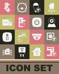 Set Smart coffee machine, electrical outlet, Web camera, light bulb, Digital door lock, Multimedia and TV box receiver, and home icon. Vector