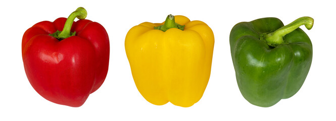 banner or close up of three pepper red, yellow and green, isolated, transparent background, png