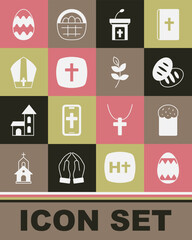 Set Easter egg, cake, Christian bread, Church sermon tribune, cross, Pope hat, and Willow leaf icon. Vector