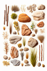 Obraz premium Collection of rocks and plants on white background.
