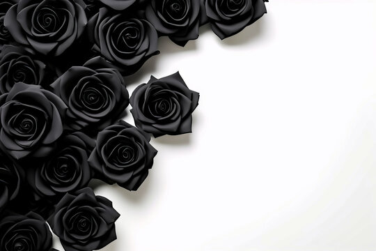 Bunch of black roses on white background with place for text.