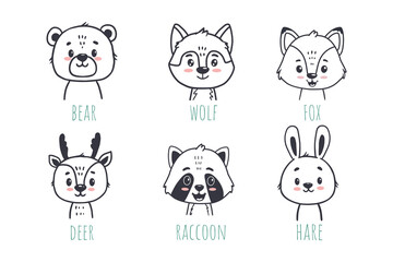 set of funny animals in cartoon style.Forest animals. Doodle illustration of bear, wolf, fox, deer, raccoon, hare for cards, magazins, banners. Vector