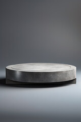 Round table with metal base on gray background with shadow.