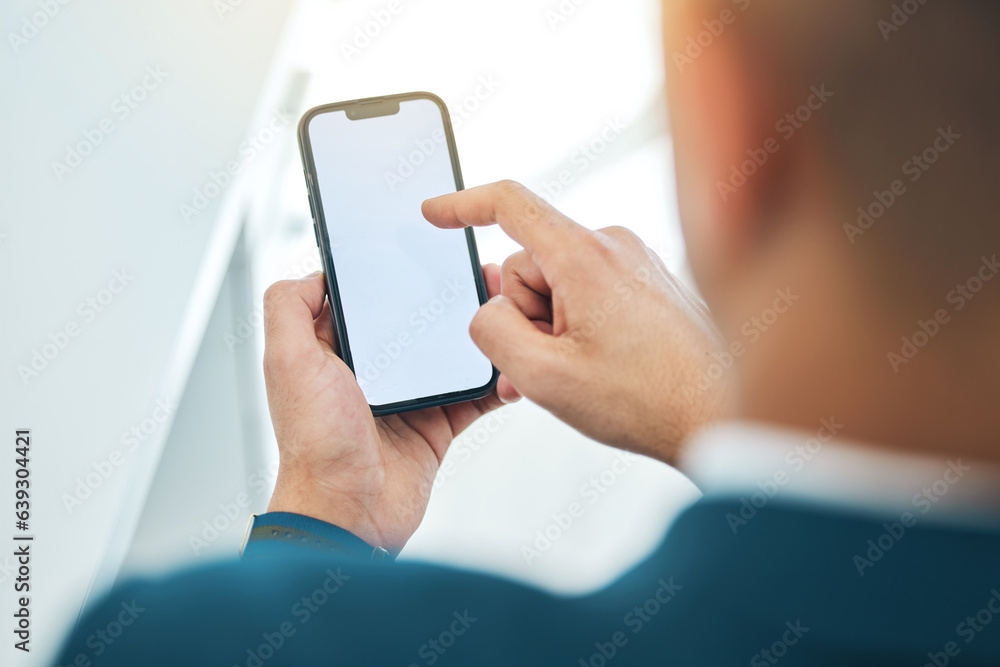Aufkleber Business man, hands and phone mockup or screen for stock market, online scroll and Web 3.0 ui or ux design space. Corporate person or trader FAQ, trading information and contact or search on mobile