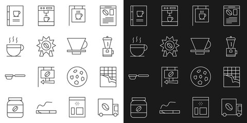 Set line Coffee street truck machine, Chocolate bar, Electric coffee grinder, Street signboard, Medal for, cup, book and V60 maker icon. Vector