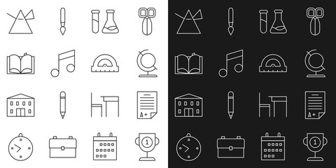 Set line Award cup, Exam sheet with plus grade, Earth globe, Test tube and flask, Music note, tone, Open book, Light rays in prism and Protractor icon. Vector