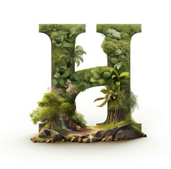 3d render letter H surrounded by Use a tree as the central element, with lush leaves and roots spreading out