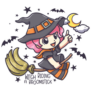 Cartoon illustration of A witch riding a broom floating in the sky. These cute cartoon file are perfect for T-shirts, phone cases, bags, mugs, stickers, tumblers.