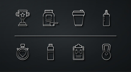 Set line Award cup, Heart in the center stopwatch, Punching bag, Sport training program, Fitness shaker, Sports nutrition, Kettlebell and icon. Vector