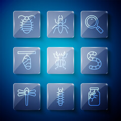 Set line Dragonfly, Centipede, Spider in jar, Magnifying glass, Beetle deer, Butterfly cocoon, Larva insect and Worm icon. Vector