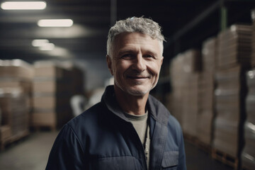 Happy worker man factory manager working in warehouse while smiling and looking at camera - Generative AI