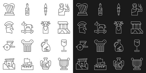 Set line Ancient lyre, Wine glass, Parthenon, Torch flame, Trojan horse, Greek helmet, Harp and Medusa Gorgon icon. Vector