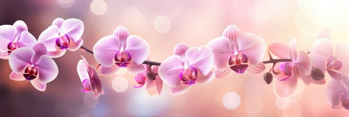 Fototapeta na wymiar Whispers of Orchids - Luminous Bokeh Meets Delicate Petals - Nature's Canvas Backdrop Offering Empty Space for Your Text - Beautiful Orchids Bokeh Background created with Generative AI Technology