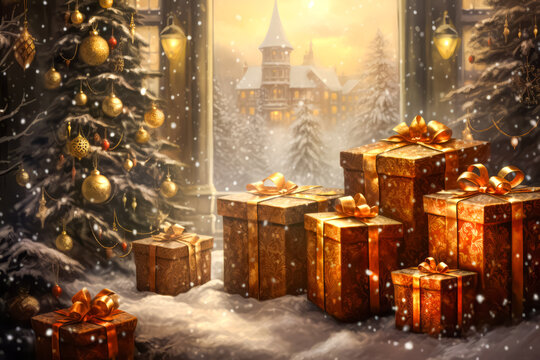 Christmas background with Christmas gifts under Christmas tree with beautiful view from window