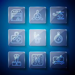 Set line Pilot, Helicopter landing pad, Fuel tanker truck, Airplane seat, Suitcase, Aircraft hangar and Barometer icon. Vector