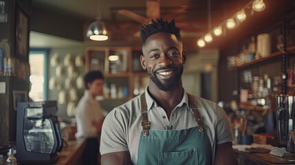 Portrait of happy African American man standing at doorway of her store. Cheerful mature waitress waiting for clients at coffee shop. Small Business Owner. Generative Ai