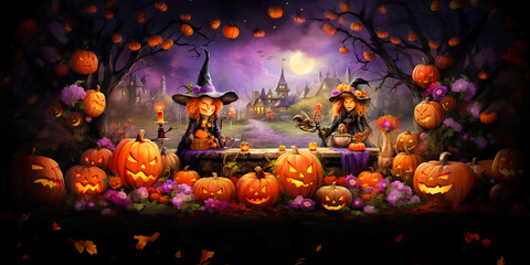 Halloween pumpkin with witch hat his head at Halloween festive table with jack o lanterns