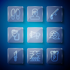 Set line Military knife, Suspect criminal, Police electric shocker, rubber baton, Megaphone, Walkie talkie, Footsteps and Hexagram sheriff icon. Vector