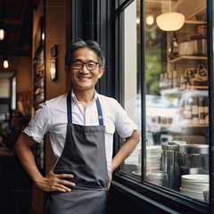 Portrait of happy asian man standing at doorway of her store. Cheerful mature waitress waiting for clients at coffee shop. Small Business Owner. Generative Ai