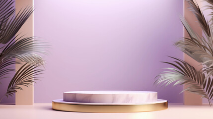 Obraz premium Round purple pastel podium and palm leaf, Abstract minimal geometric background, Aesthetic summer dais and shadows on the wall, 3D Modern design for product showcase, studio lighting, AI generated.