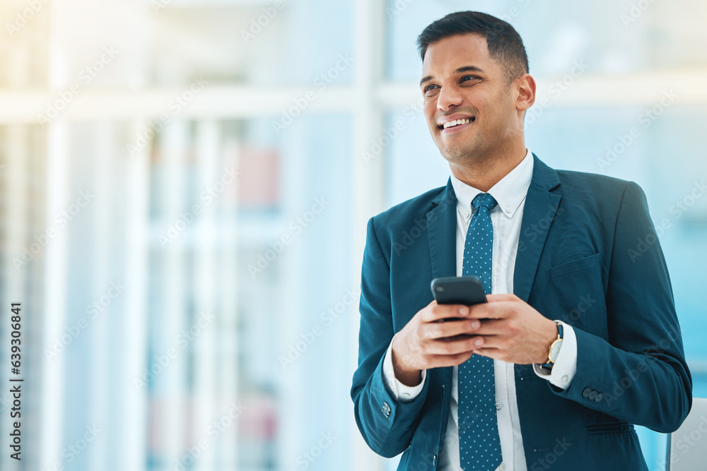 Aufkleber phone, thinking and mockup with a business man in his office, typing a text message for communicatio