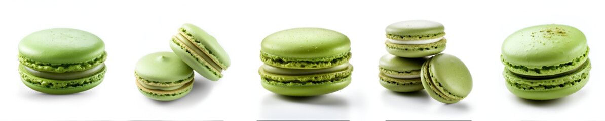 Set of matcha macarons isolated on white background. Sweet french cookies, pistachio macaroons assortment for ads, menu, printed products. Spirulina green tea macarons banner. Matcha dessert concept