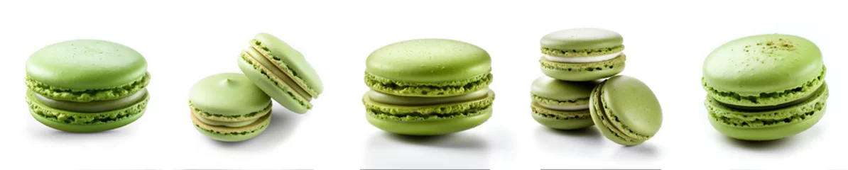 Photo sur Plexiglas Macarons Set of matcha macarons isolated on white background. Sweet french cookies, pistachio macaroons assortment for ads, menu, printed products. Spirulina green tea macarons banner. Matcha dessert concept