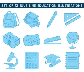 Set of 12 blue line education illustrations. Vector illustration with education theme. Back to school.