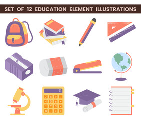 Set of 12 education element illustrations. Vector illustration with education theme. Back to school.