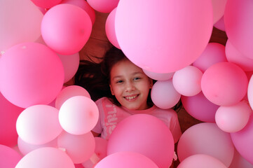 menina se divertindo com balões de aniversário rosa , felicidade e alegria, feliz dia das...