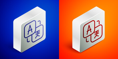 Isometric line Translator icon isolated on blue and orange background. Foreign language conversation icons in chat speech bubble. Translating concept. Silver square button. Vector