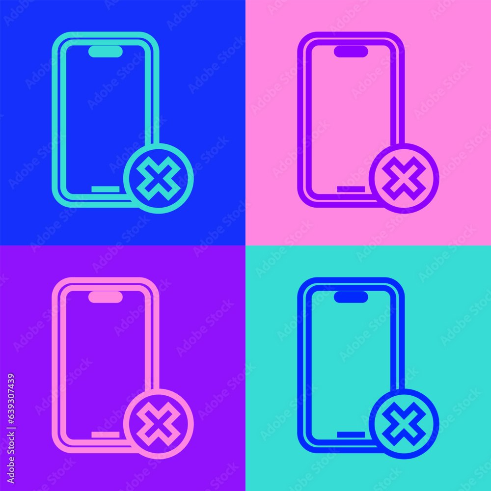 Poster pop art line no cell phone icon isolated on color background. no talking and calling sign. cell proh