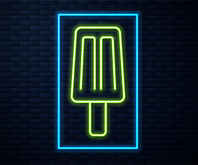 Glowing neon line Ice cream icon isolated on brick wall background. Sweet symbol. Vector