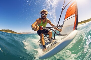 Naklejka premium Exhilarating experience of windsurfing from a first-person perspective.