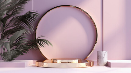 Round purple pastel podium and palm leaf, Abstract minimal geometric background, Aesthetic summer dais and shadows on the wall, 3D Modern design for product showcase, studio lighting, AI generated.