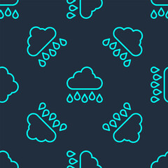 Green line Cloud with rain icon isolated seamless pattern on blue background. Rain cloud precipitation with rain drops. Vector