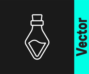 White line Bottle with potion icon isolated on black background. Flask with magic potion. Happy Halloween party. Vector