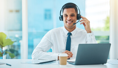 Laptop, call center and portrait of man telemarketing, support and help desk in office. Face, customer service and happy sales agent in communication, consultant or professional to contact us for crm