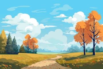 Poster Landscape of a beautiful autumn park. Beautiful autumn trees, falling colorful leaves, clouds in the blue sky and a road leading to the forest. Vector illustration © LoveSan