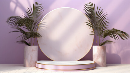 Obraz premium Round purple pastel podium and palm leaf, Abstract minimal geometric background, Aesthetic summer dais and shadows on the wall, 3D Modern design for product showcase, studio lighting, AI generated.