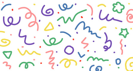 Fun colorful line doodle seamless pattern. Creative minimalist style art background for children or trendy design with basic shapes.