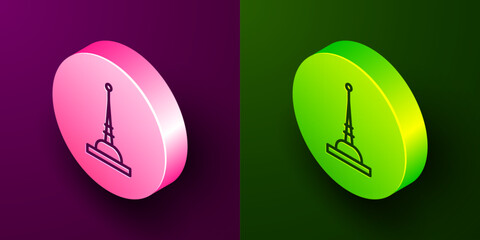 Isometric line Antenna icon isolated on purple and green background. Radio antenna wireless. Technology and network signal radio antenna. Circle button. Vector