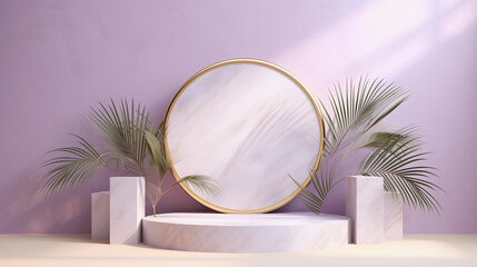 Fototapeta na wymiar Round purple pastel podium and palm leaf, Abstract minimal geometric background, Aesthetic summer dais and shadows on the wall, 3D Modern design for product showcase, studio lighting, AI generated.