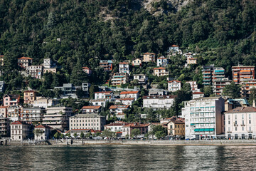 Como, Italy - August 8, 2023: View of the town of Como in Italy on the lake of the same name