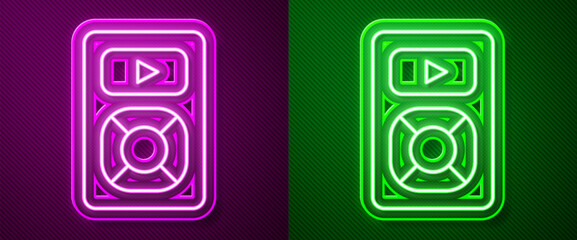 Glowing neon line Music player icon isolated on purple and green background. Portable music device. Vector