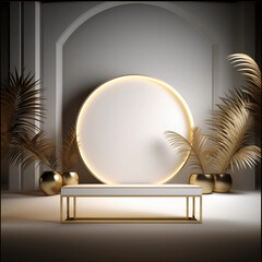 Round gray marble podium and palm leaf, Abstract minimal geometric background, Aesthetic summer dais and shadows on the wall, 3D Modern design for product showcase, studio lighting, AI generated.